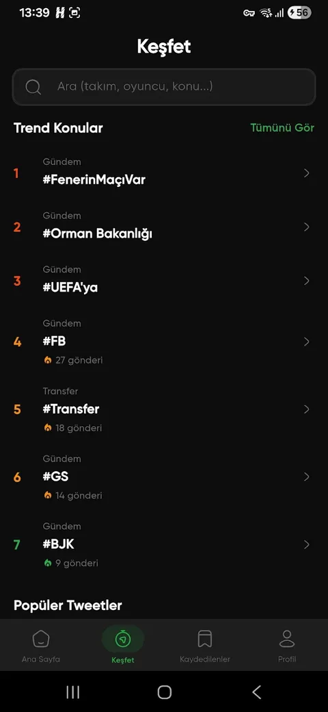 Keşfet ekranı