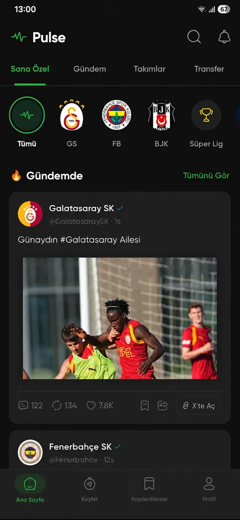 Pulse Sports uygulaması Sana Özel akış ekranı